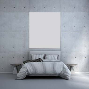 Modern rahat yatak odası iç tasarımı ve beton duvar dokusu arka plan deseni ve resim çerçevesi