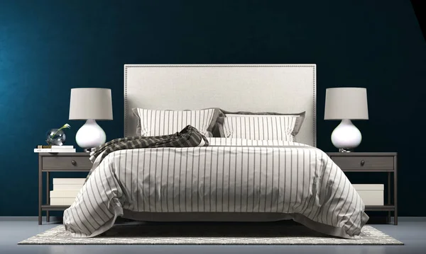 モダンな高級ベッドルームのインテリアデザインと青い壁のテクスチャの背景パターン — ストック写真