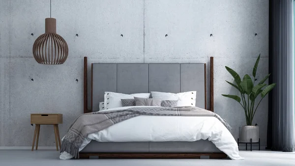 現代の熱帯の寝室のインテリアデザインとコンクリート壁のテクスチャの背景パターン — ストック写真