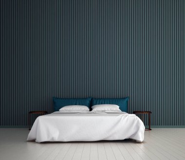 Konforlu yatak odası, mavi desenli duvar arka planı ve ahşap zemin.