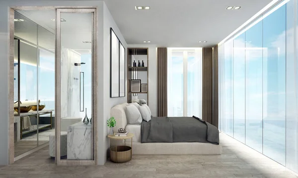 Modern Gezellig Slaapkamer Interieur Lopen Kast Marmeren Muur Achtergrond Uitzicht — Stockfoto
