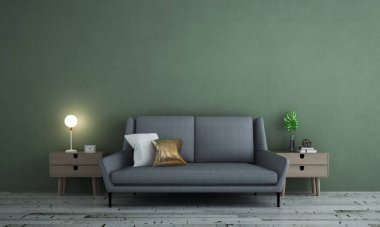 Minimum oturma odası iç tasarımı ve yeşil duvar desenli arka plan 