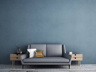 Minimalist oturma odası iç tasarım ve mavi duvar desenli arka plan 
