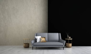 Minimum oturma odası iç tasarımı ve siyah damla duvar desenli arka plan 