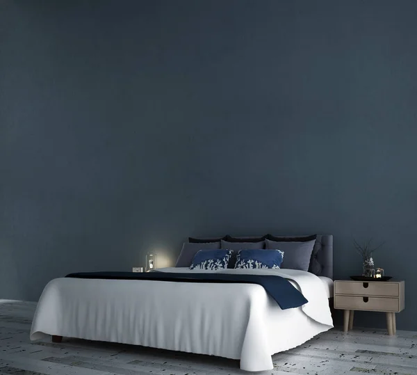 モダンなベッドルームのインテリアデザインと青い壁のパターンの背景 — ストック写真