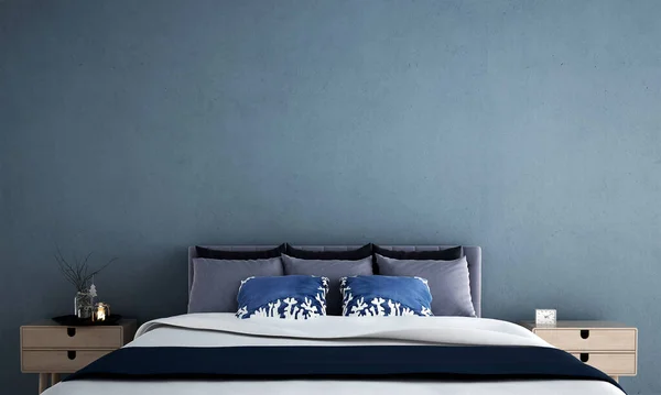 居心地の良いベッドルームのインテリアデザインと青い壁のパターンの背景 — ストック写真