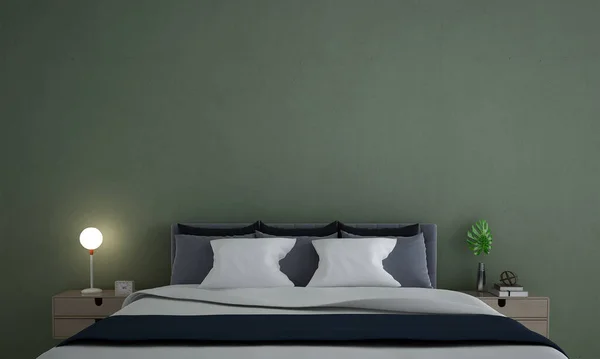 最小限の寝室のインテリアデザインと緑の壁のパターンの背景 — ストック写真