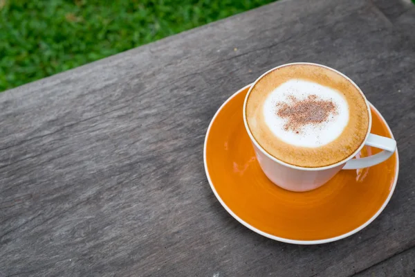 Cappuccino kopi dalam cangkir putih di atas meja kayu di kebun — Stok Foto