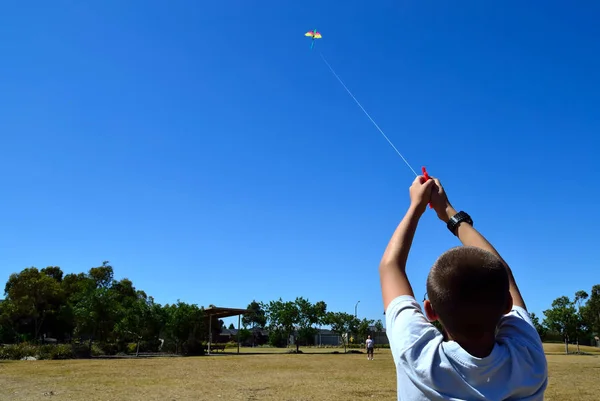 Menino se divertindo brincando com pipa ao ar livre — Fotografia de Stock