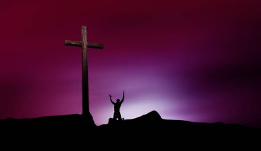 Dramatic sky scenery with cross and worshiper  clipart