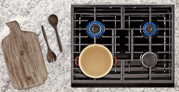 Kitchen utensils on table top view — Stock Photo, Image