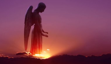 Angel in heaven over purple sky background clipart