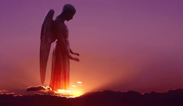 Angel in heaven over purple sky background — Stock Photo, Image