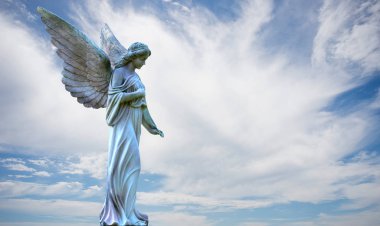 Beautiful angel in heaven over cloudy sky clipart