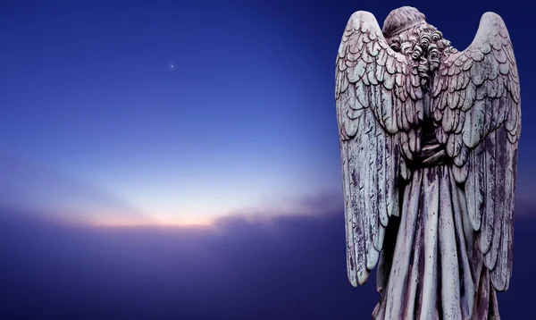 天使雕塑在黑暗的夜空全景视图 — 图库照片