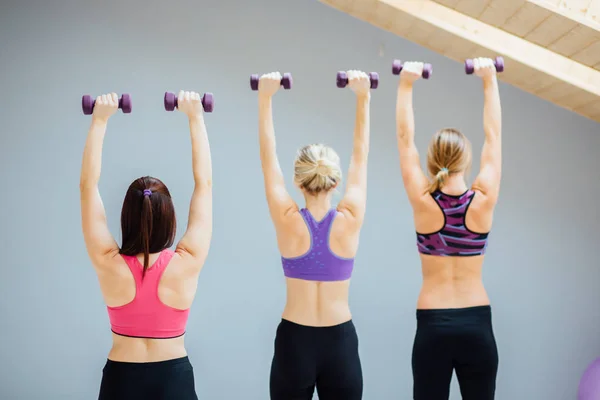 Grupo de tres mujeres haciendo ejercicio con pesas en el gimnasio, vista trasera — Foto de Stock