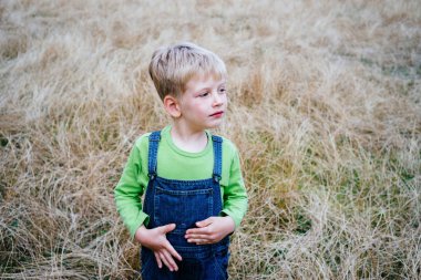 Sarışın güzel bir çocuk şakacı şımartmak çim üzerinde yaz saati.