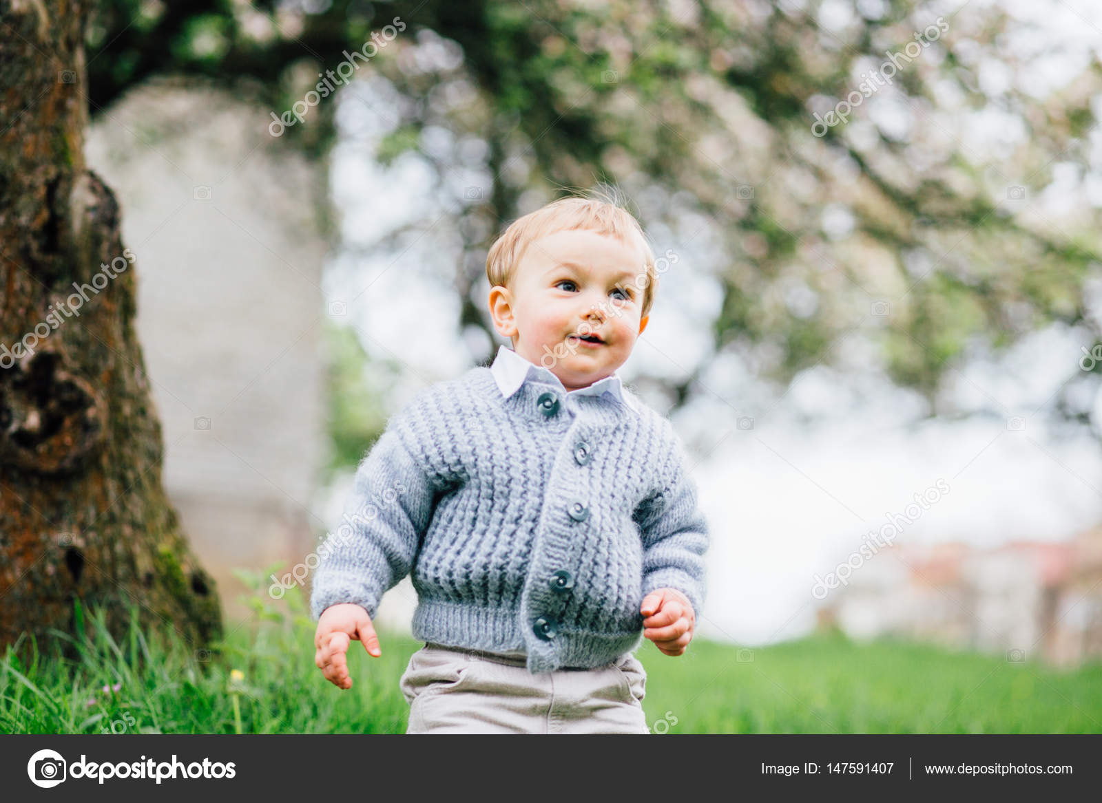 Cute Toddler Boy With Blue Eyes And Blonde Hair Walking In Spring