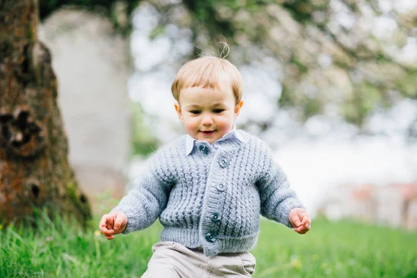 Ładny toddler chłopiec z niebieskie oczy i blond włosy, chodzenie w spring garden w pobliżu kwiat jabłoni. — Zdjęcie stockowe