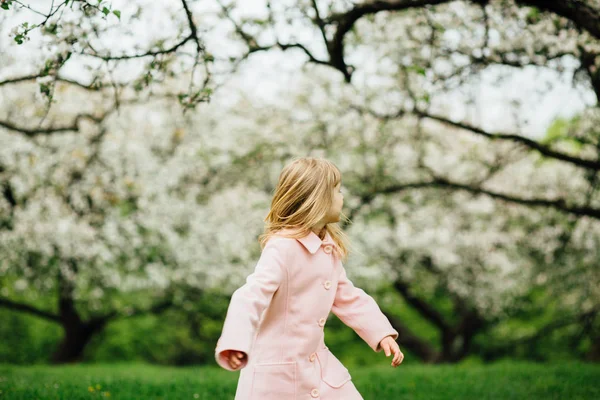 Ребенок кружится в яблоневом саду весной. Милая маленькая девочка в розовом пальто играет в весеннем цветущем саду — стоковое фото