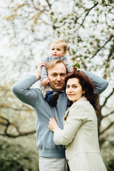 Familia petrece timp împreună în parc în timpul primăverii. Mamă, copil și tată mergând în grădina înfloritoare. Tati dându-i fiului său o plimbare cu porcii pe mărul înflorit . — Fotografie, imagine de stoc