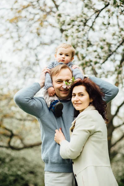 Aile vakit birlikte bahar zaman parkta. Anne, yürümeye başlayan çocuk ve çiçek açan bahçede yürüyüş baba. Oğlu sırtımda çiçeği Elma ağacına veren baba.