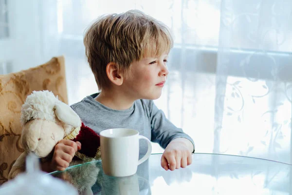 Schattige kleine jongen bedrijf bedrijf toy lam en het drinken van melk of thee vanaf grote witte cup in zonnige ochtend. — Stockfoto