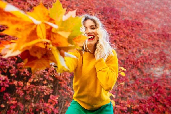 叶前有秋天叶子的快乐的年轻女子的画像，制作自拍 — 图库照片