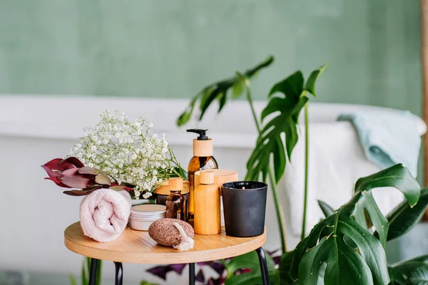 Samenstelling Set Van Spa Behandeling Houten Tafel Moderne Eco Natuurlijke — Stockfoto