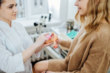 Kadın hijyen ürünlerini sık sık değiştir. Kadın hasta ve jinekolog muayenesi sırasında.