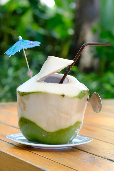 빨 대를 마시는 녹색 코코넛 — 스톡 사진