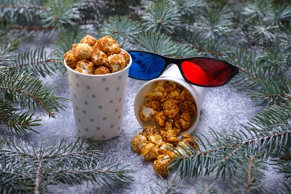 Popcorn et lunettes 3D — Photo