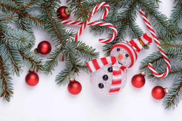 New Year background with snowman and fir tree — Stock Photo, Image