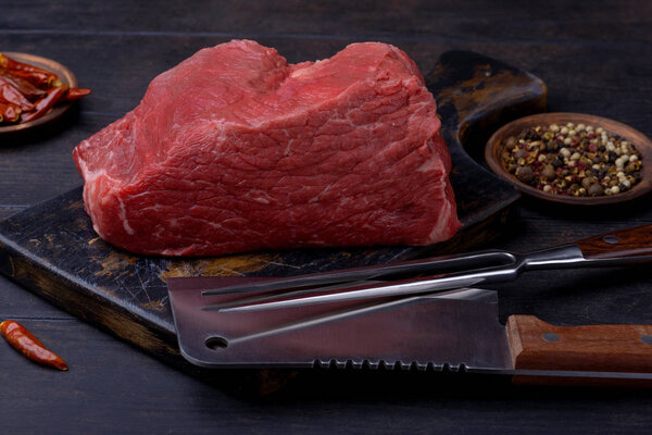 Big piece of beef meat for steak with knife and fork