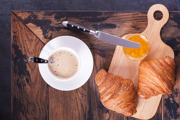 Fresh Croissant Orange Jam Table Top View Wooden Table — Stock fotografie