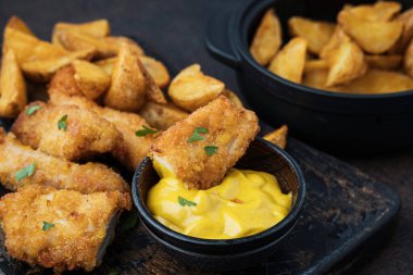 Fast food ürünleri: soslu tavuk ve patates.