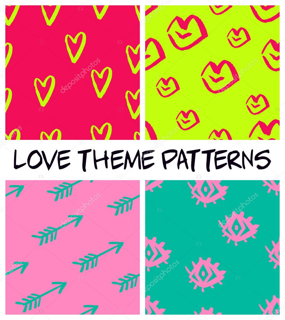 Love theme seamless patterns. Bright modern hand-drawn set of romantic theme patterns. Added to swatches.