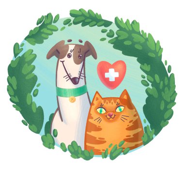 Çalı yaprakları çerçevesinde kırmızı kedi ve köpek portresinin dijital çizimi. Sağlık sembollü karikatür tarzı hayvan karakterleri - kalp ve haç.