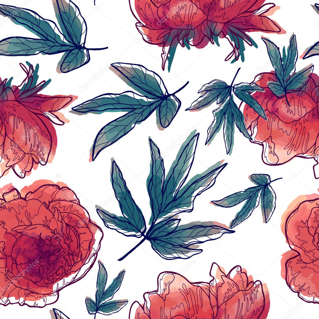 Watercolor painting and line art stylized peonies and leaves floral pattern.