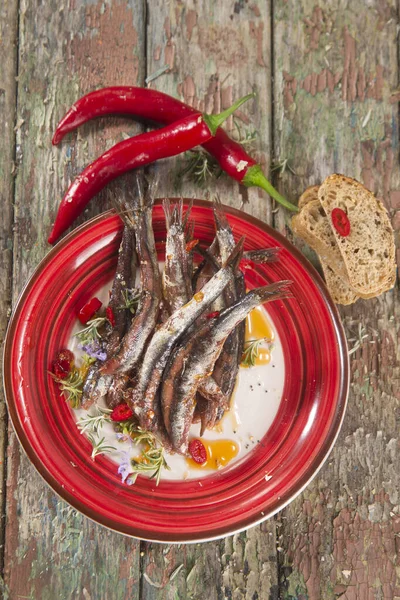 Plate of anchovies with chili pepper — Stock Photo, Image