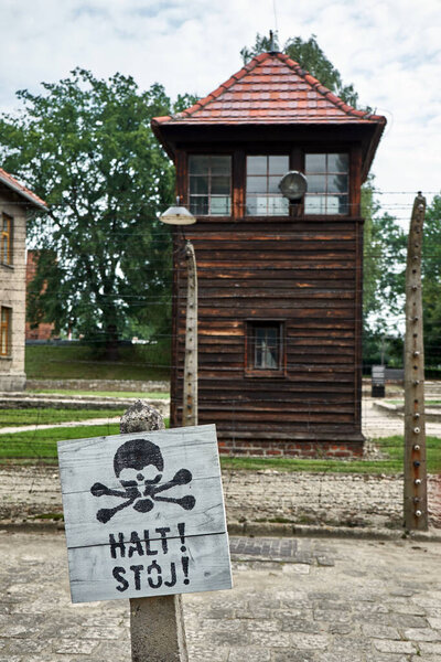 Auschwitz, fence, tower, barbed wire, barracks