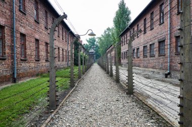 Auschwitz, çit, kule, dikenli tel, kışla
