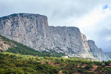 Ormanın yakınındaki uçurumun manzarası. Turizm, doğa, yaz seyahati, yürüyüş kavramı