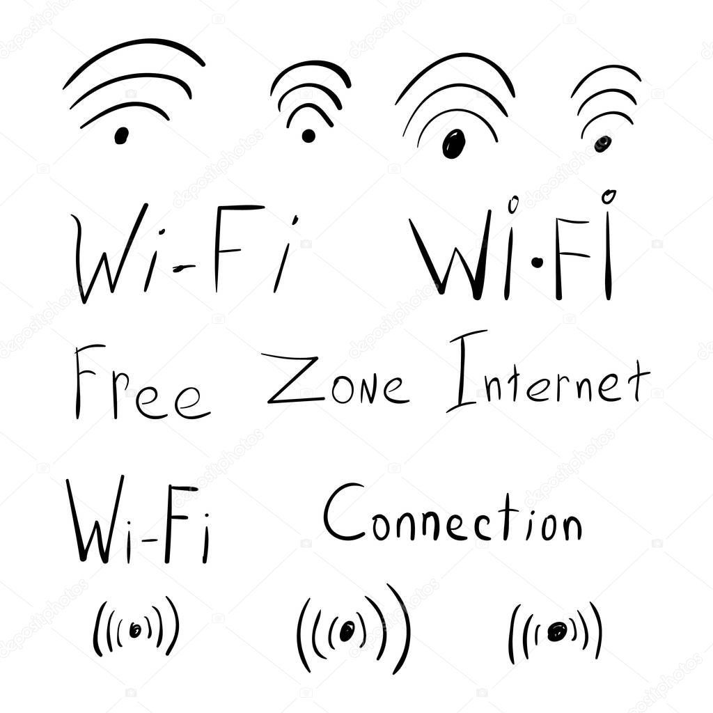 Hand drawn scribble wifi icons. Sketch illustration of the internet theme
