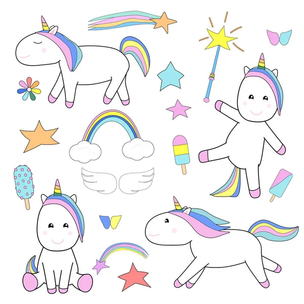 Cute unicorns and magic stuff set — Stock Vector