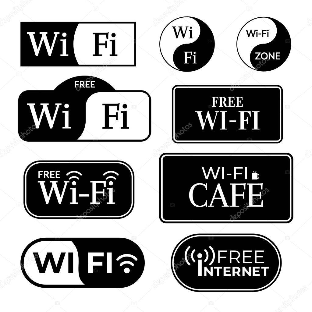 Set of wifi signboards. Free wi-fi zone labels. Modern wi fi connection stickers