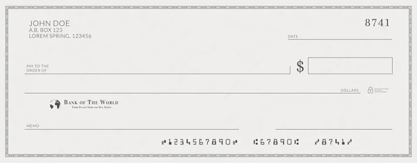 Blank bank check template. Fake cheque page mockup. — Stock Vector
