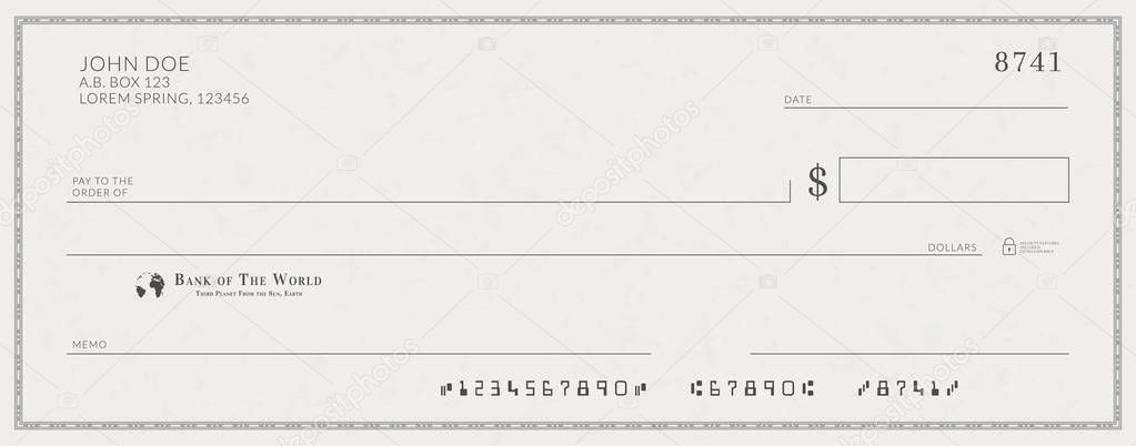 Blank bank check template. Fake cheque page mockup.