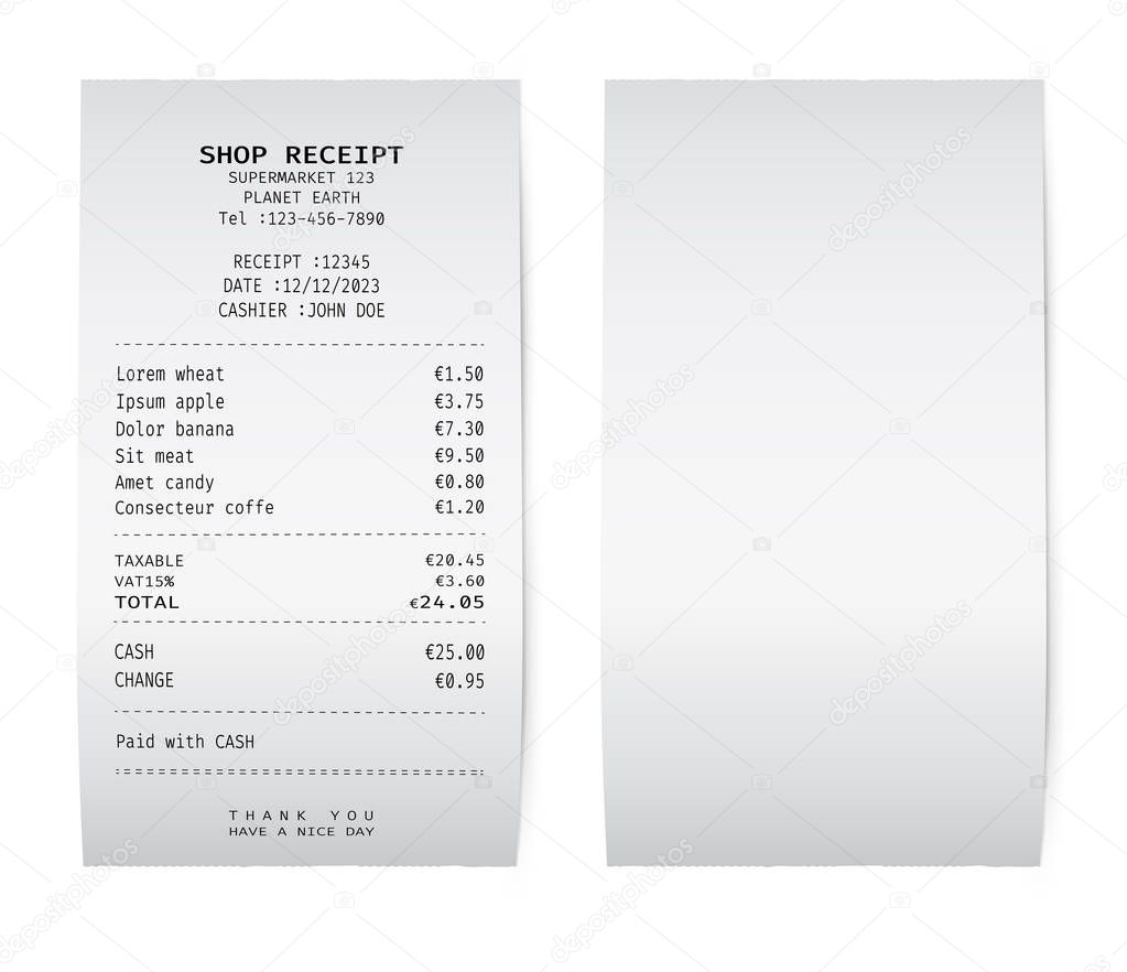 Template of a white paper receipt. Blank check from a shop, supermarket or restaurant.