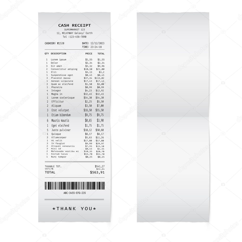 Template of a shop receipt. Mockup of a check from mall